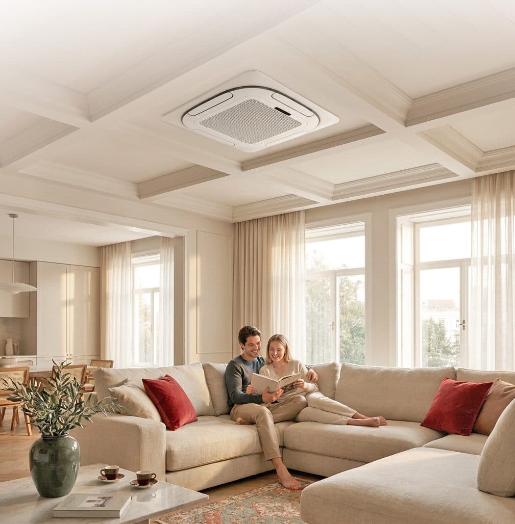 Bravo ceiling cassette mini-split installed in a living room